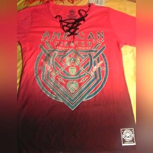 BNWT LADIES SHIRT SZ. SM PINK OMBRE GRAPHICS LACE V NECK BY AMERICAN FIGHTERS
